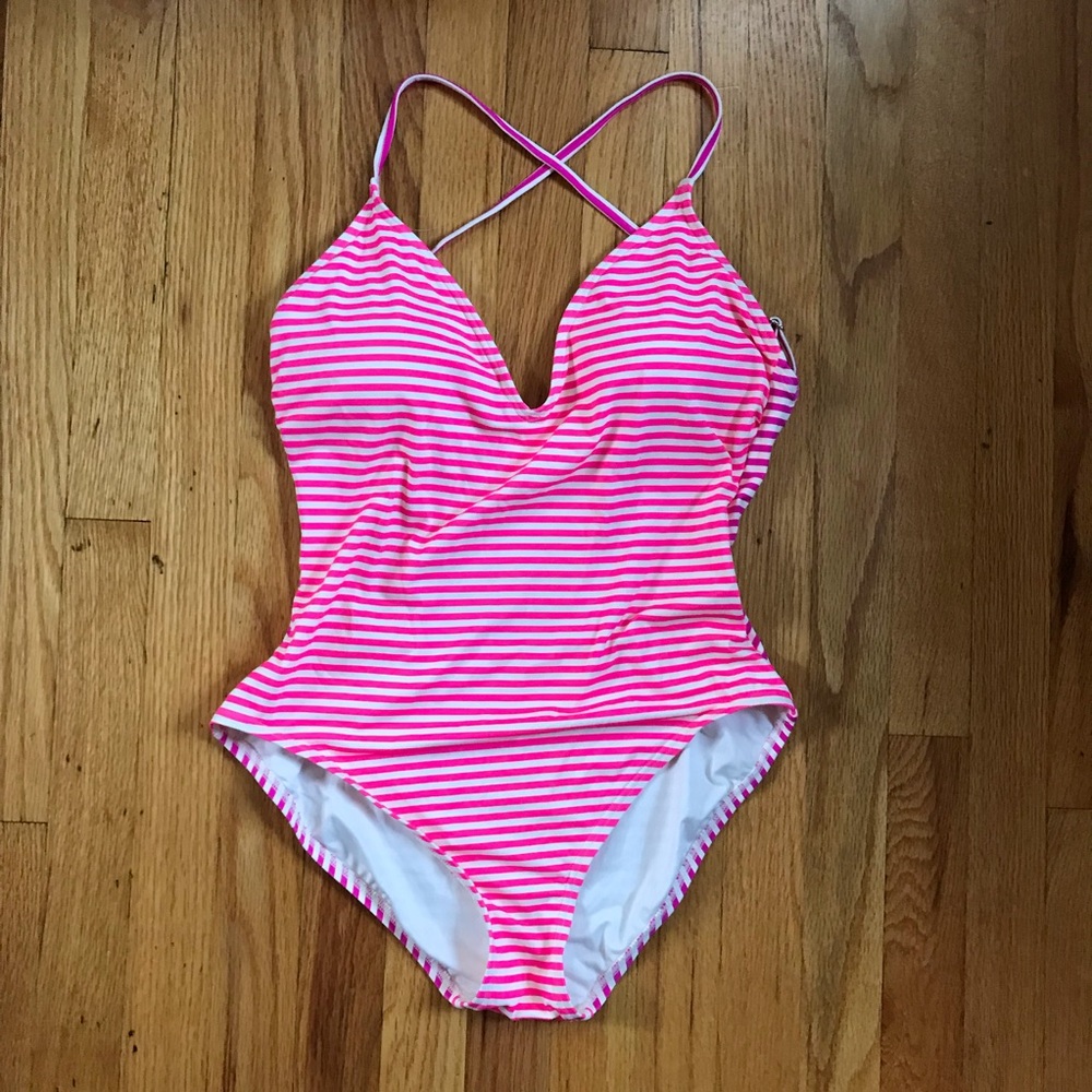 kate spade Ringmaster Pink and White Striped One-Piece Swimsuit Large